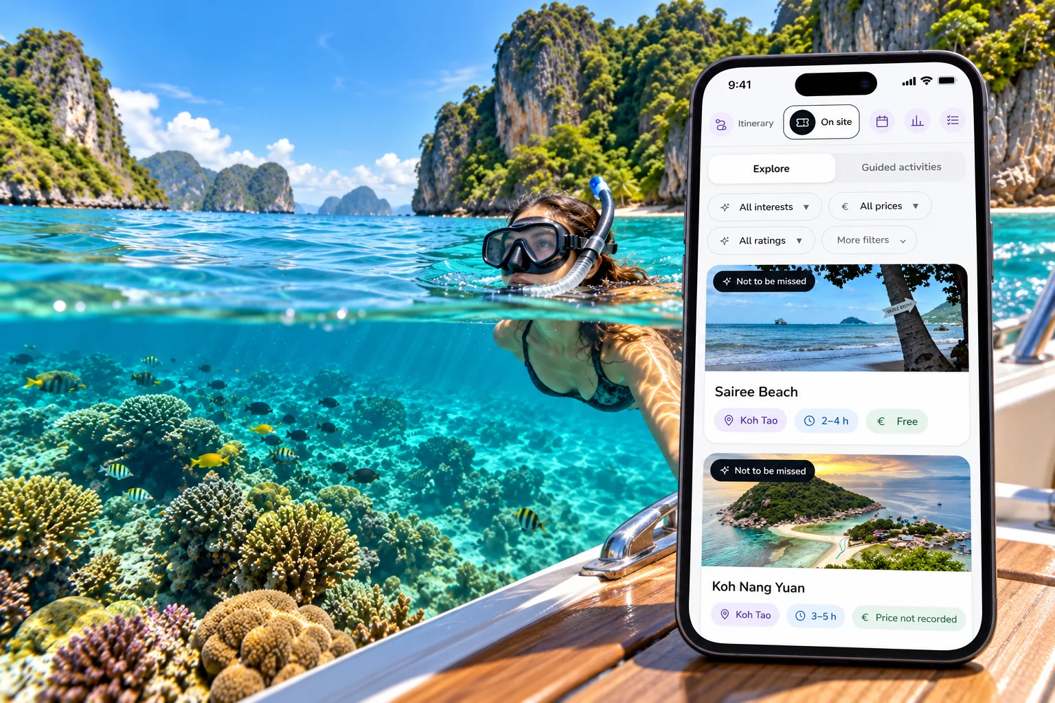 REVENTURY experiences on a phone beside a turquoise snorkelling scene.