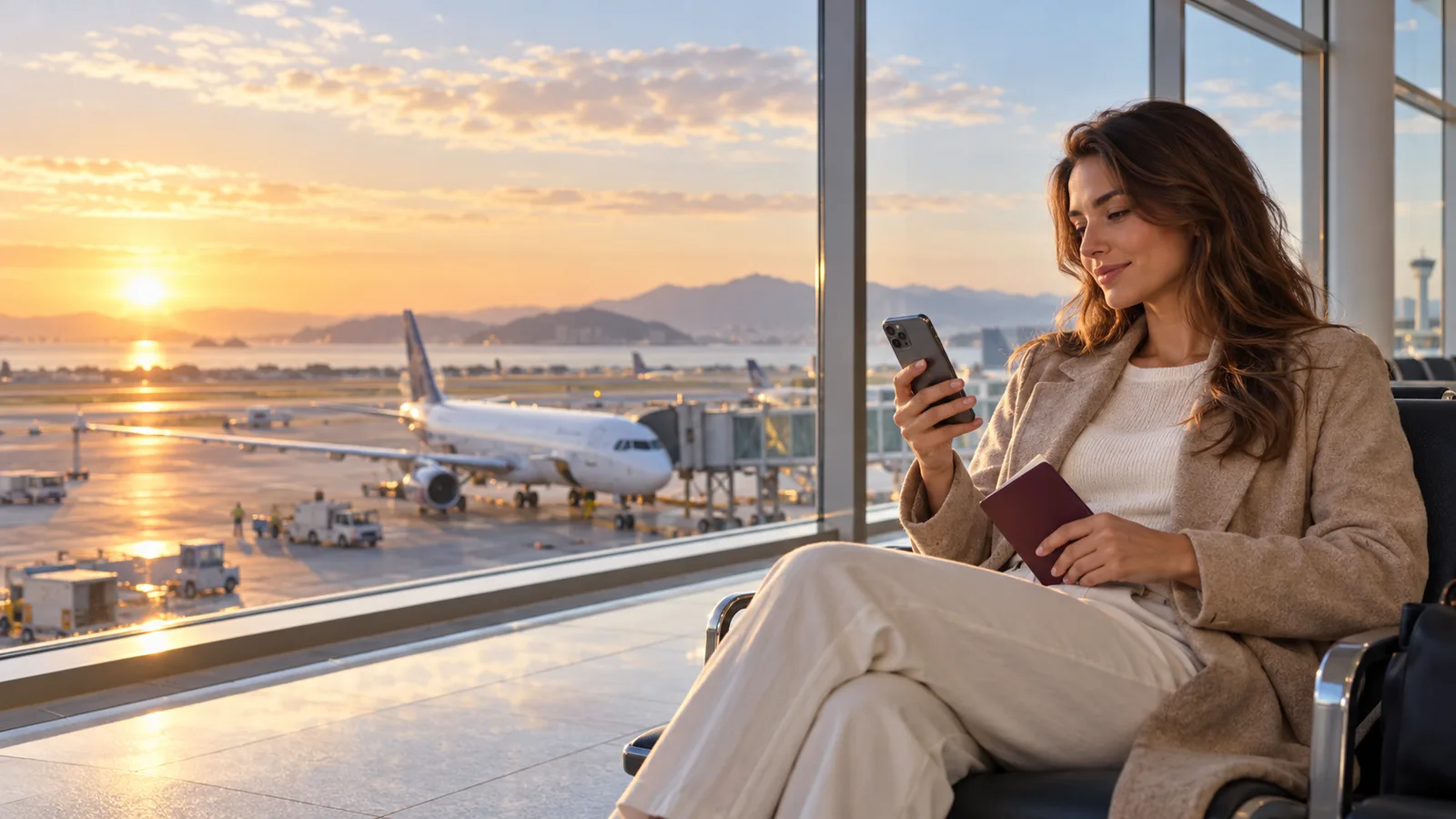 A traveller checks a phone and passport at the airport.