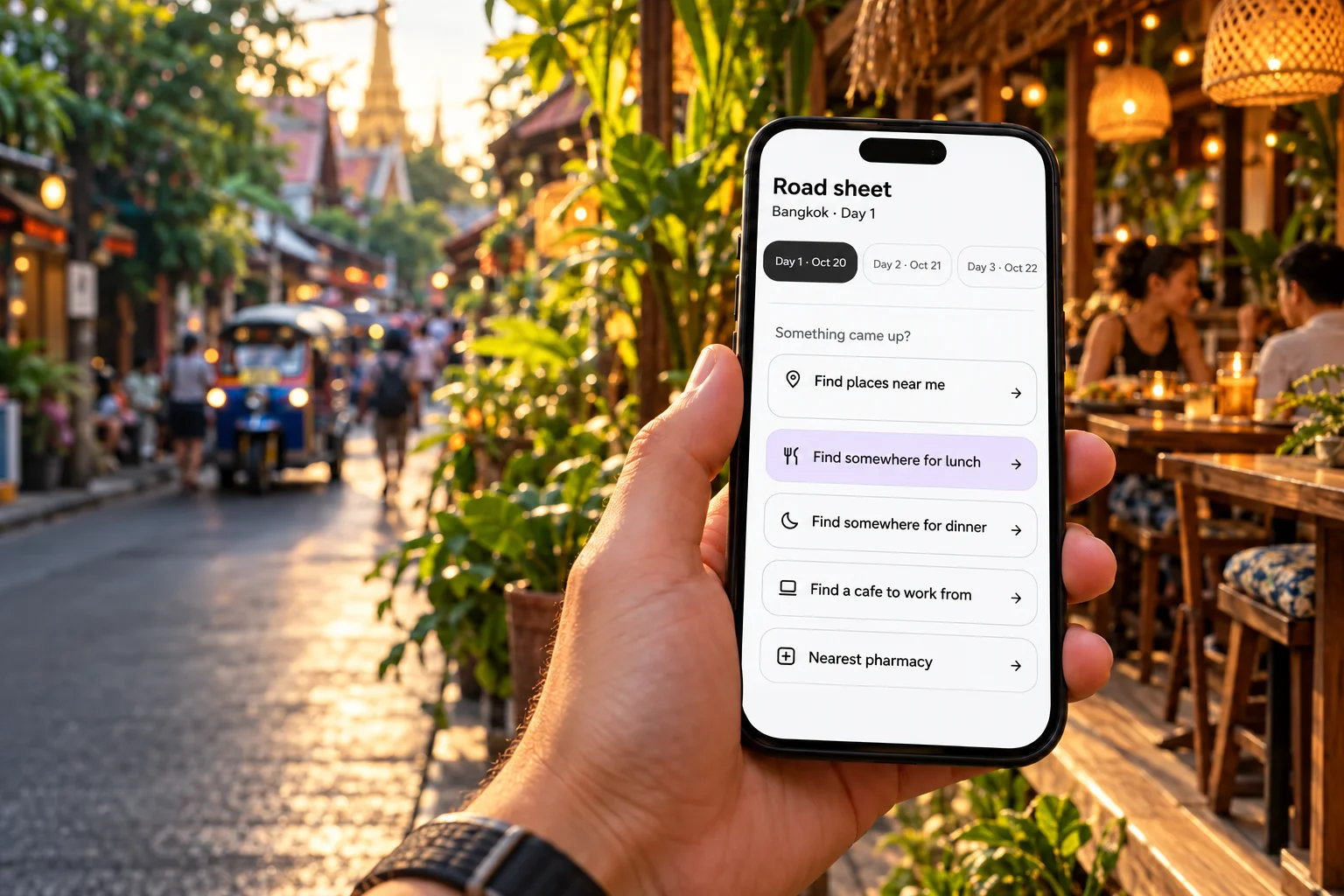The REVENTURY road sheet on a phone, finding a restaurant in Bangkok.
