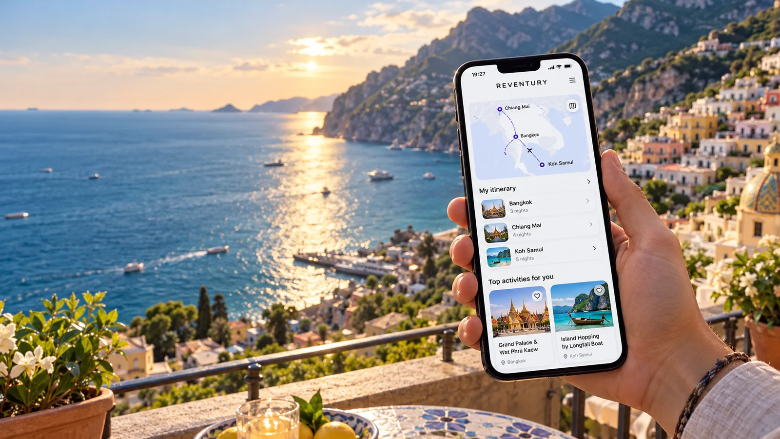 A phone showing an itinerary against a sunlit coastline.